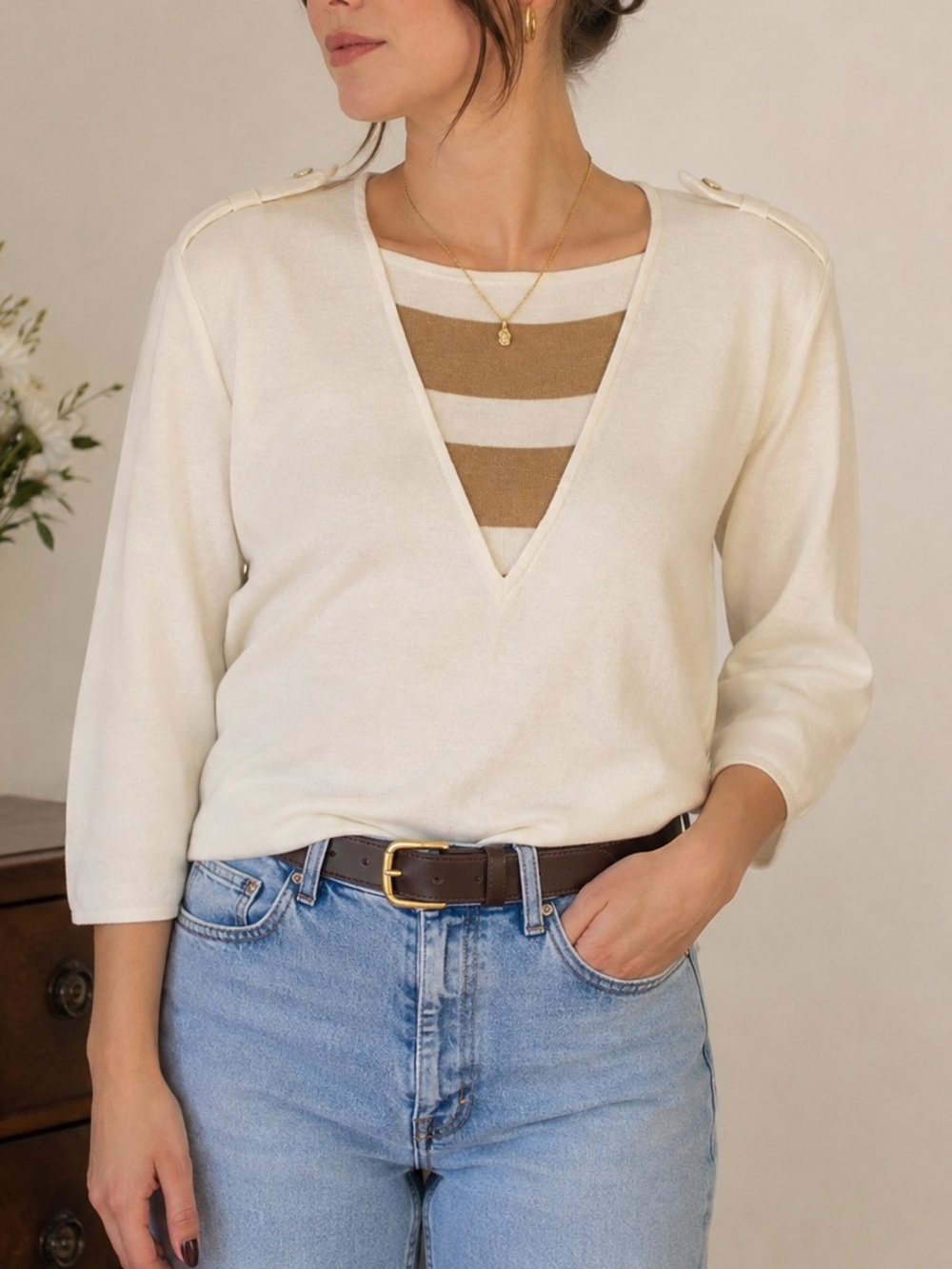 Vtg 80s/90s Chaus Cream Sweater Illusion V-neck Sz Small Preppy Retro Minimalist